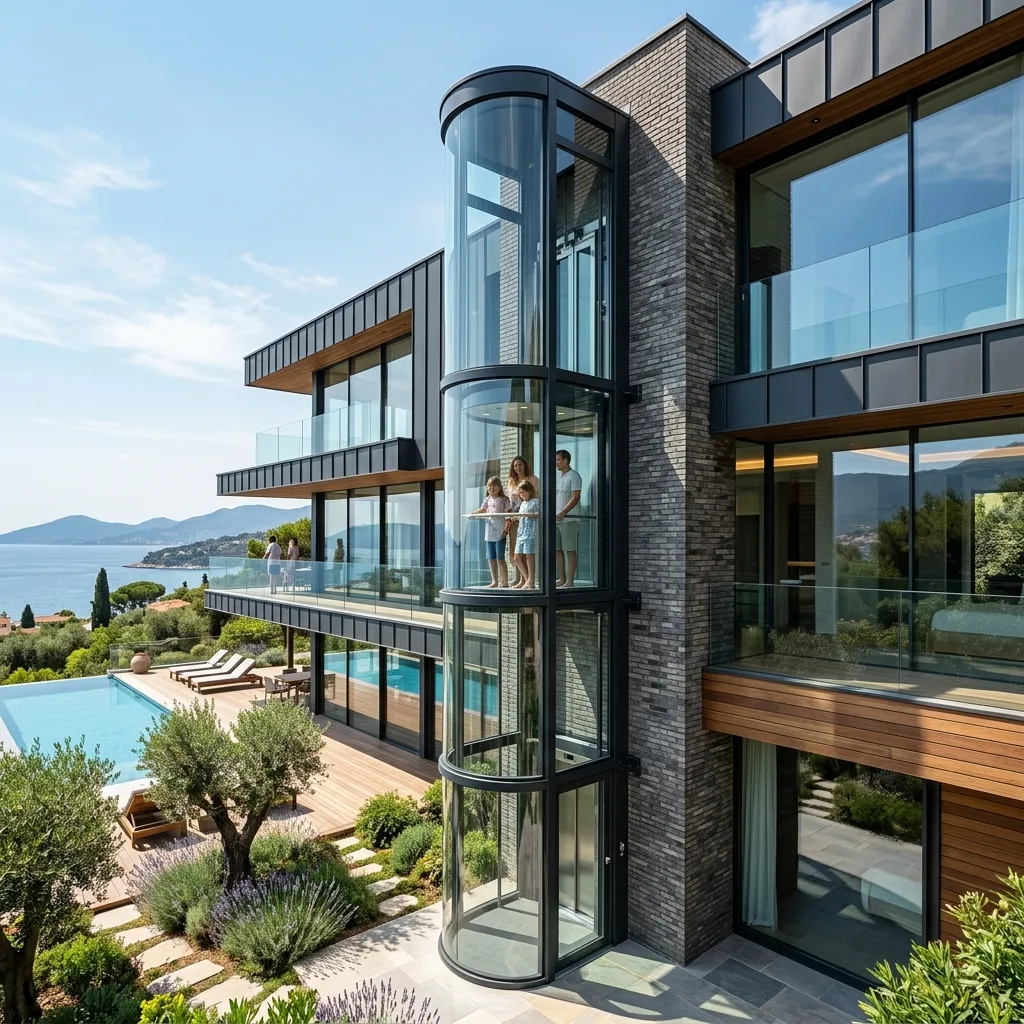 Panoramic outdoor glass elevator on facade
